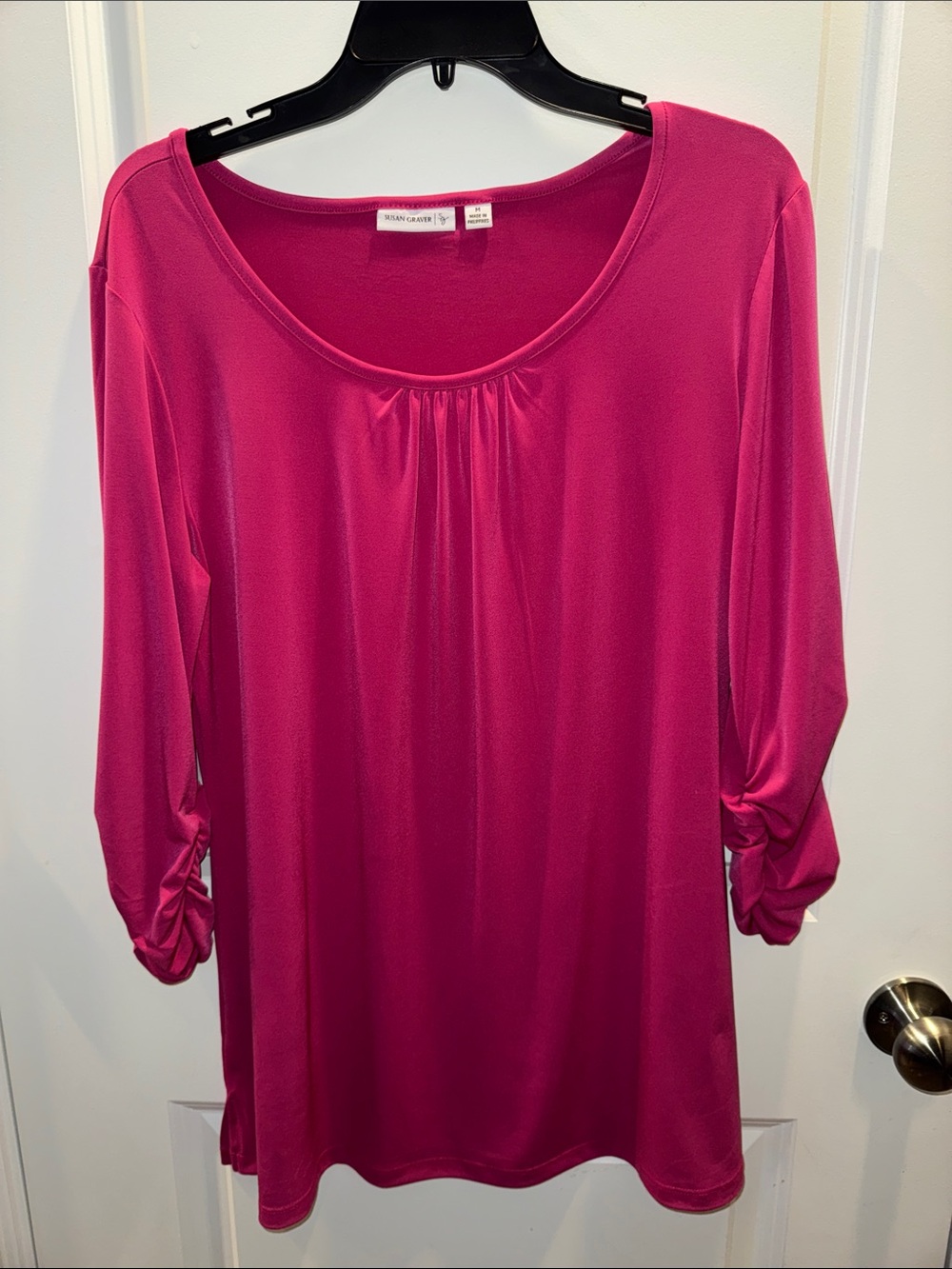 Susan Graver Hot Pink Scoop Neck 3/4 Sleeve Liquid Knit Tunic Sz M in EUC